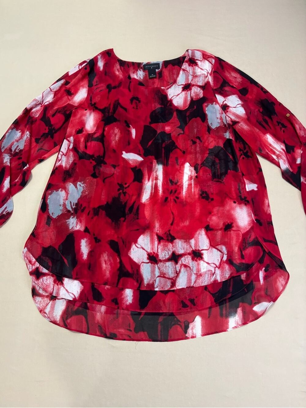 Investments Red and Black Chiffon Floral Sheer High-Low Blouse Women's Size 1X